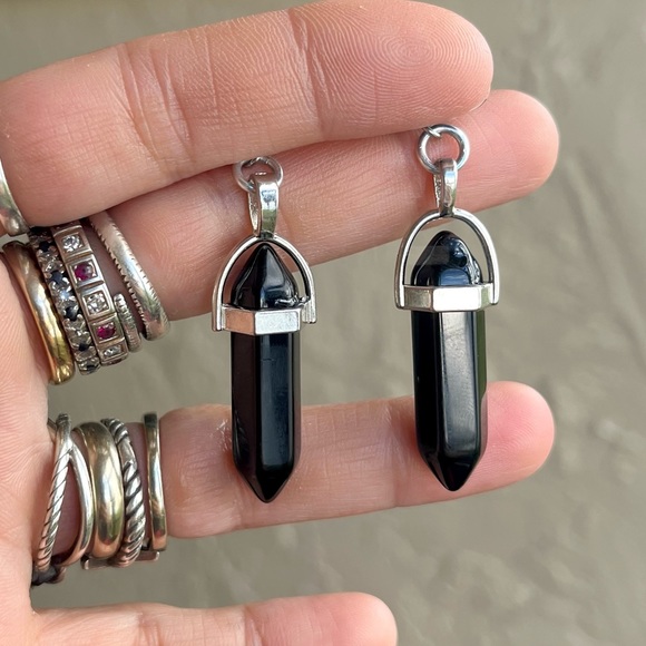 Set ! Black obsidian bullet necklace + mayching dangly earrings goth boho celtic - Picture 10 of 14